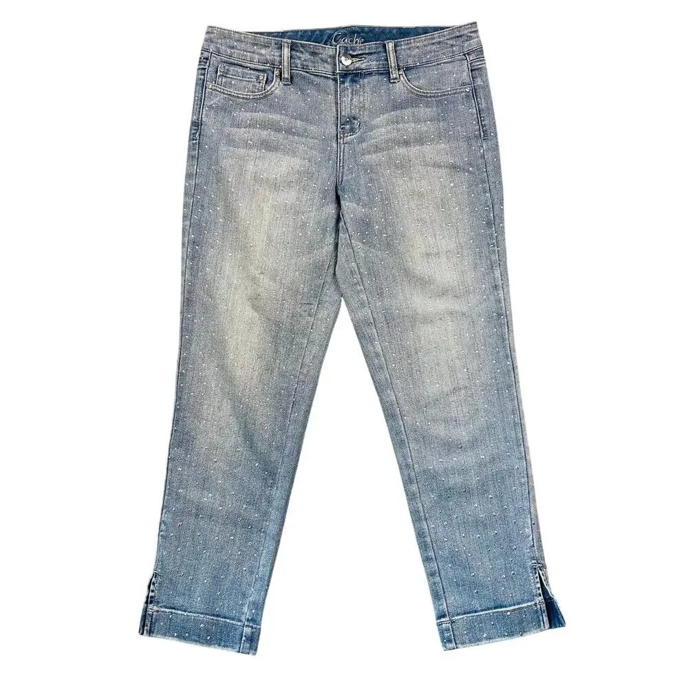 Y2K Cache Jeans All Over Rhinestone Studded Bling Vintage Denim Cropped Capri 6 - Picture 1 of 9